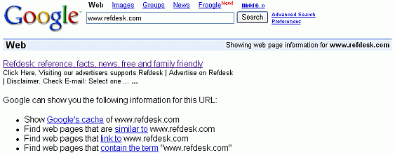 Screen shot with results from search for [ www.refdesk.com ].