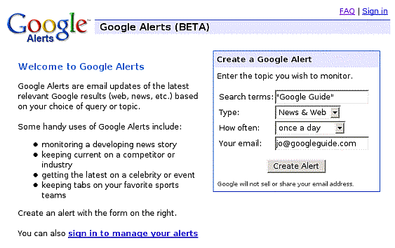 Google Alerts home page