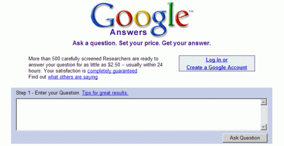 Screen shot of the Google Answers home page.