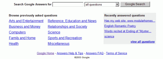 Screen shot of links for browsing previously asked questions.