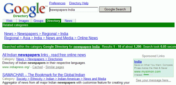 Results from looking up [ newspapers California ] on Google Directory
