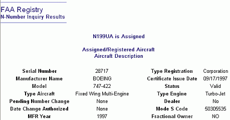 Screen shot of FAA information