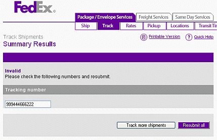 Screen shot of FedEx tracking information