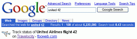 Screen shot of links to flight information.