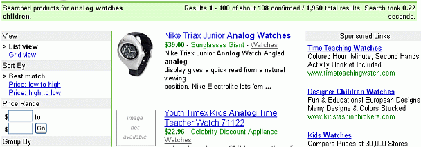 Screen shot of results from [ analog watches children ]