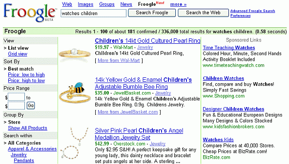Screen shot of what Froogle returned when searching for [ watches children ]