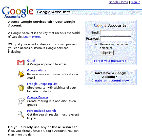A screen shot of the Google Accounts sign-in page