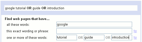 Screen shot showing how to find tutorials or introductions to Google using the Advanced Search form.