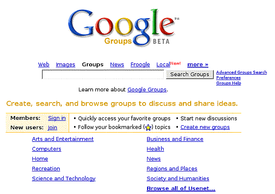 Screen shot of Google Groups home page.