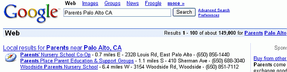 A screen shot of the links to phonebook entries for [ parents
    Palo Alto CA ].