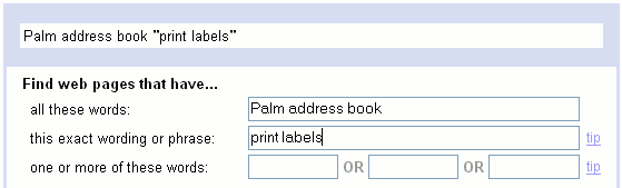 Screen shot of an advanced search looking for how to export addresses from a Palm address book to print labels.
