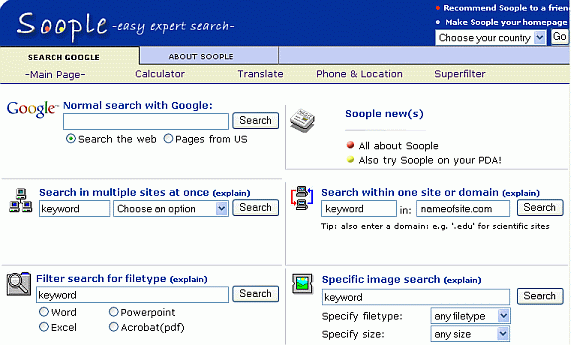 Screen shot of Soople, which shows many of the
        different types of searches Google supports.