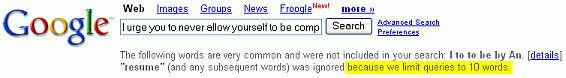 Screen shot of Google message indicating 10-word limit.