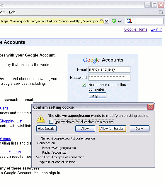 Firefox browser asking if www.google.com can modify a cookie