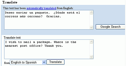 A screen shot of Google's Language Tools text Translation result.